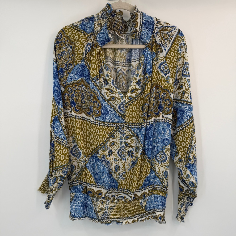 Lascana Blue Olive Paisley Patchwork Smocked Blouse US‎ 10 Gypsy Ethereal Hippie